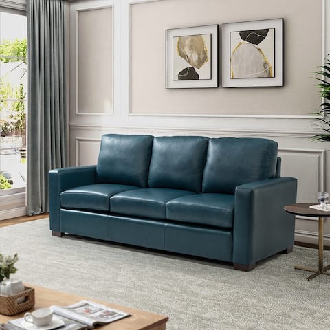 Ernando 83.46" Wide Genuine Leather Sofa with Squared Arms and Pillows