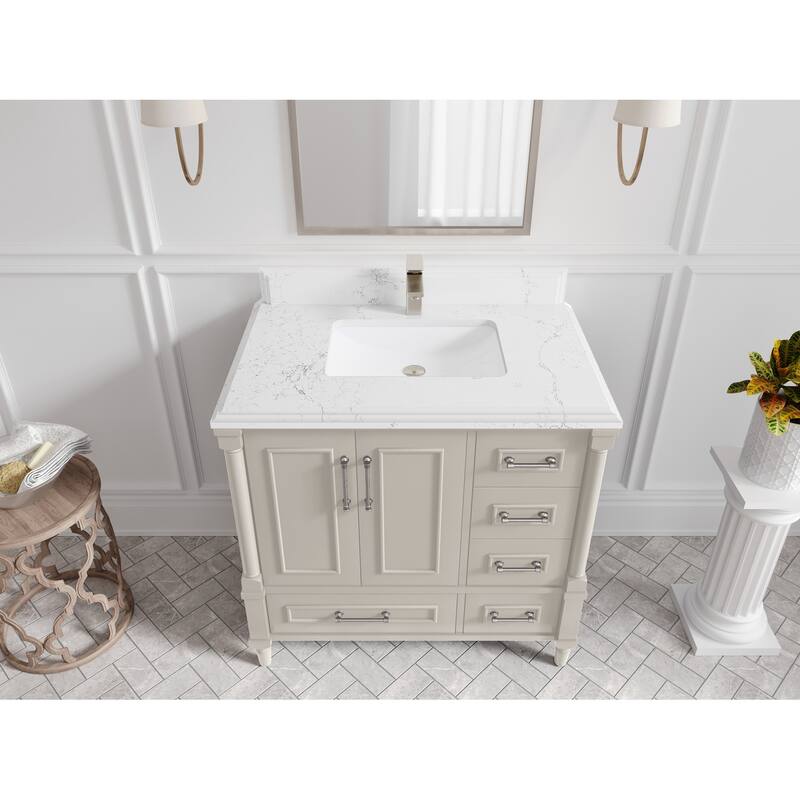 Willow Collections 36 in. W x 22 in. D Aberdeen Center Sink Left Bathroom Vanity with Countertop - 1.5" Empira White - Fine Grain
