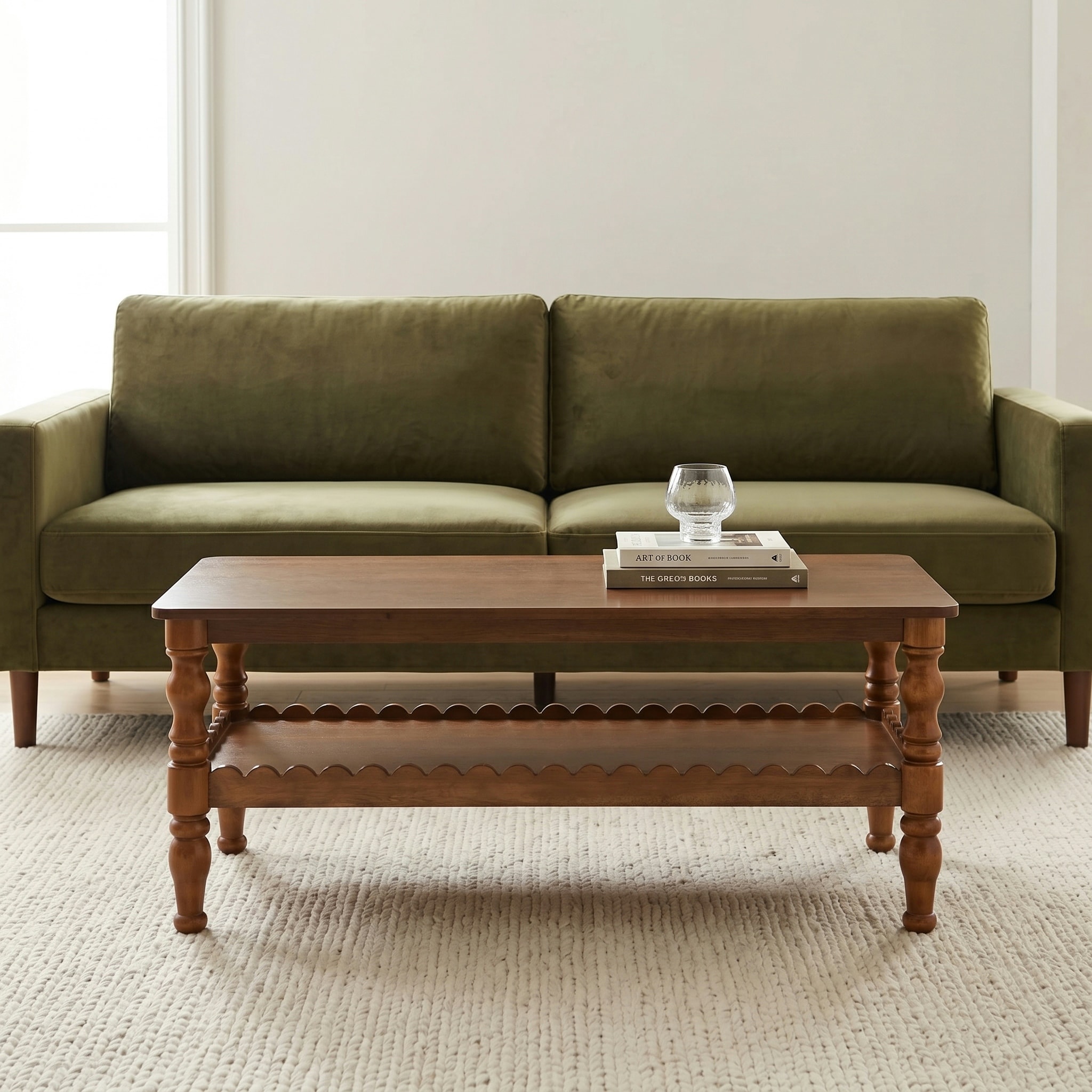 Farmhouse Wood Coffee Table with 2-Tier Storage Shelf and Classic Carved Legs Antique Brown by GDFStudio