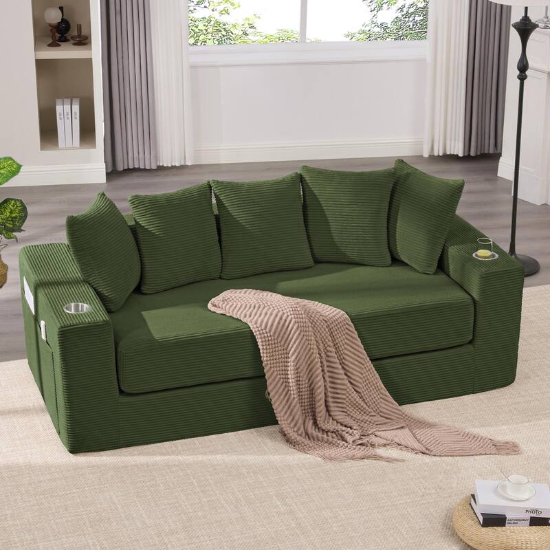 2-in-1 Convertible Sleeper Sofa, Floor Folding Couch, Sofa Bed with Side Pocket, Pull Out Loveseat with Cup Holders