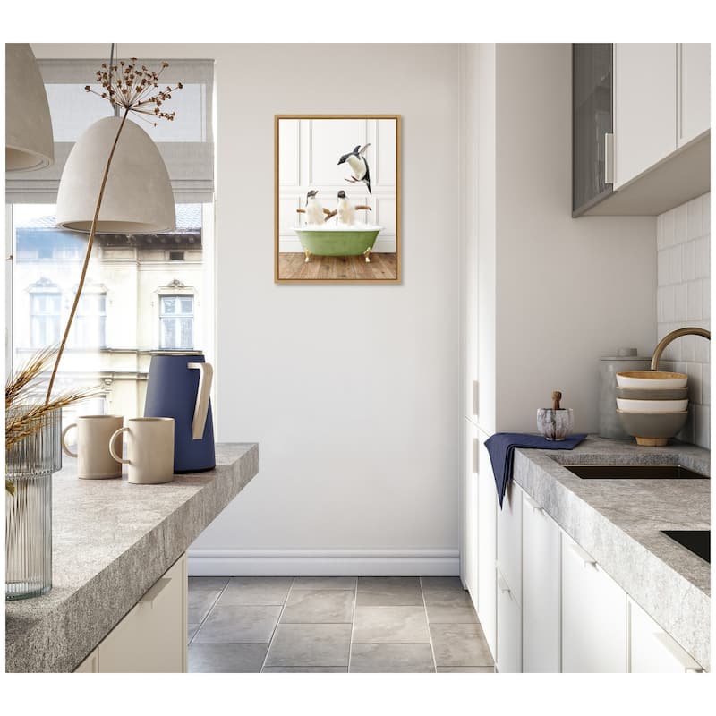 Kate and Laurel Sylvie Penguins in Transitional Bathtub Framed Canvas by Amy Peterson