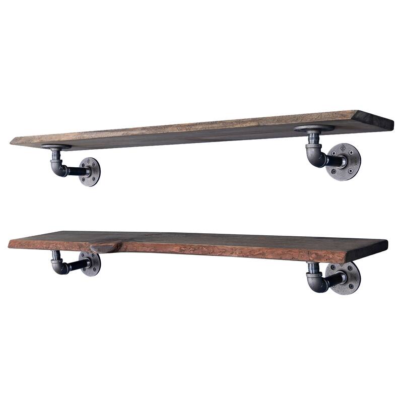 PIPE DECOR Live Edge Reclaimed Wood Shelf with Industrial Pipe Brackets, Set of 2 - 36 in. - Boulder Black