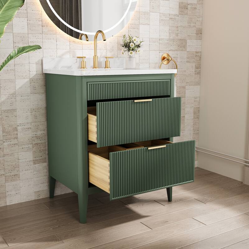 Modland 30" Freestanding Bathroom Vanity with Carrara Marble Top - Soft-Close Drawers,Green / Grey - 30 inch