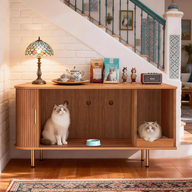 38.5" Cat Litter Box Enclosure with Scratch Pad and Sliding Door,Cat Hidden Litter Box Cabinet,Modern Indoor Cat House,TV Stand