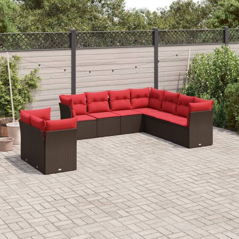 vidaXL 9/10 Piece Patio Sofa Set with Cushions Black/Brown/Gray Poly Rattan - 21.7 x 24.4 x 27.2