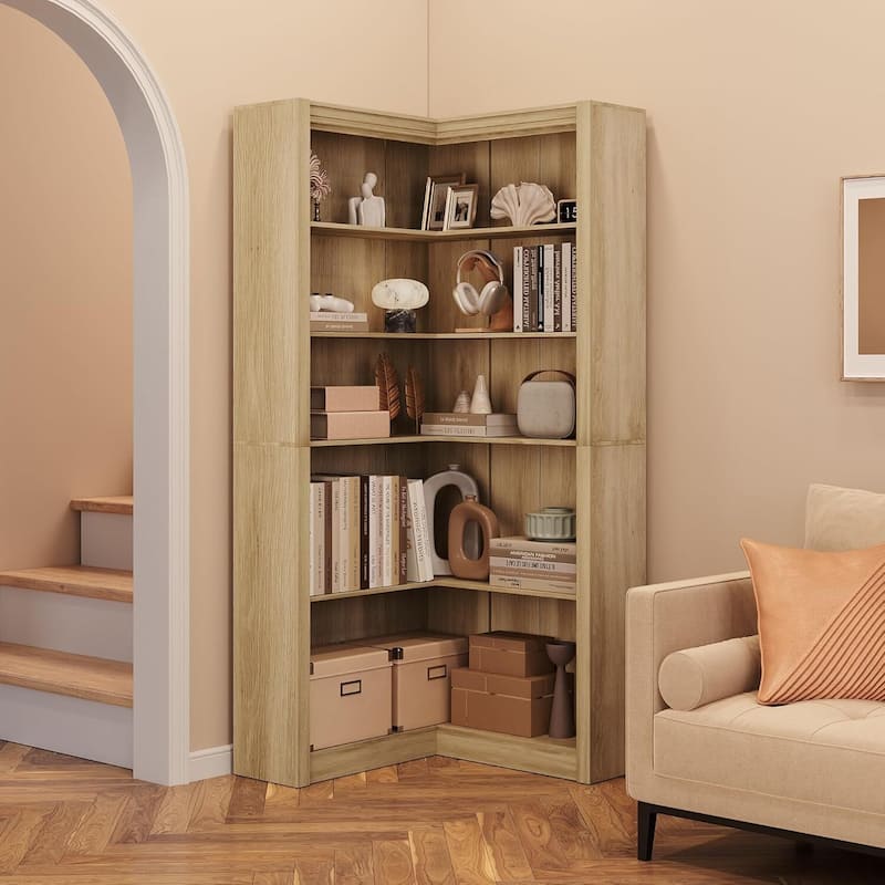 Industrial L Shaped Corner Bookshelf with Open Shelves - N/A - Khaki