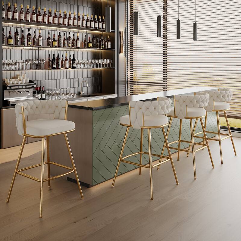 VECELO Counter Height Bar Stools with Woven Backrest 26.77" Seat Height Mid-Century Modern Upholstered Bar Chairs for Kitchen