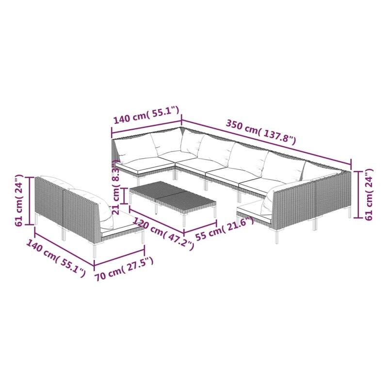 vidaXL Patio Lounge Set Outdoor Sectional Sofa Set Table Poly Rattan Dark Grey - 27.6" x 27.6" x 24"