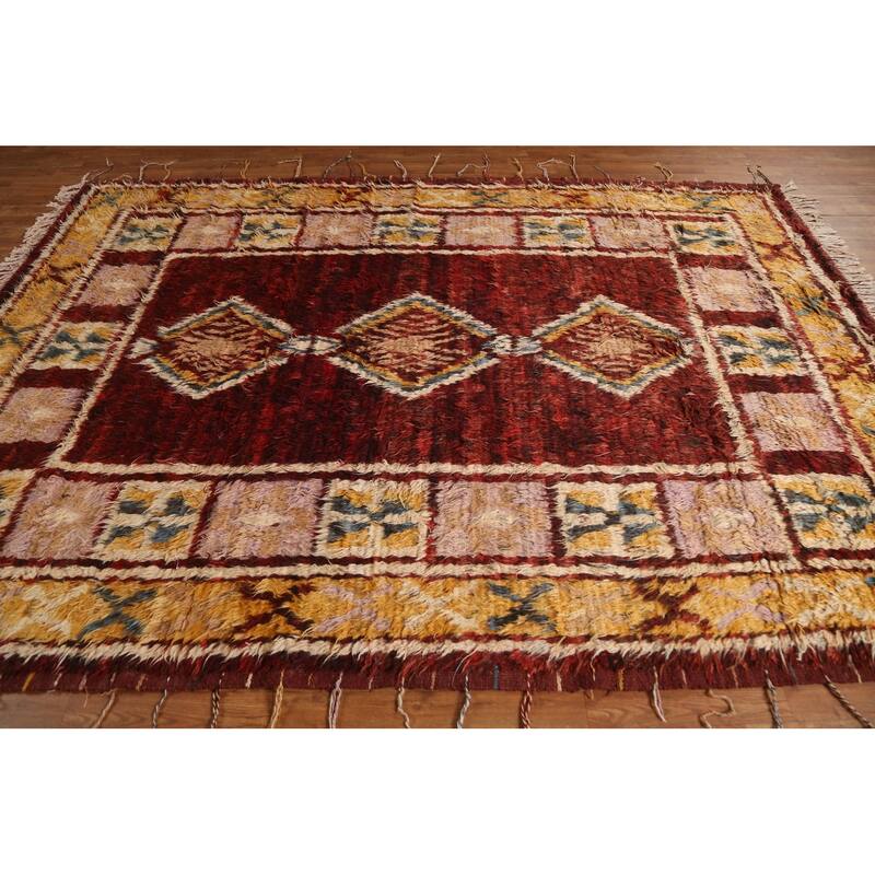 Hand Knotted Oriental 100% Wool Carpet Modern Tribal Red Moroccan Area Rug - 9' 7'' X 6' 8''