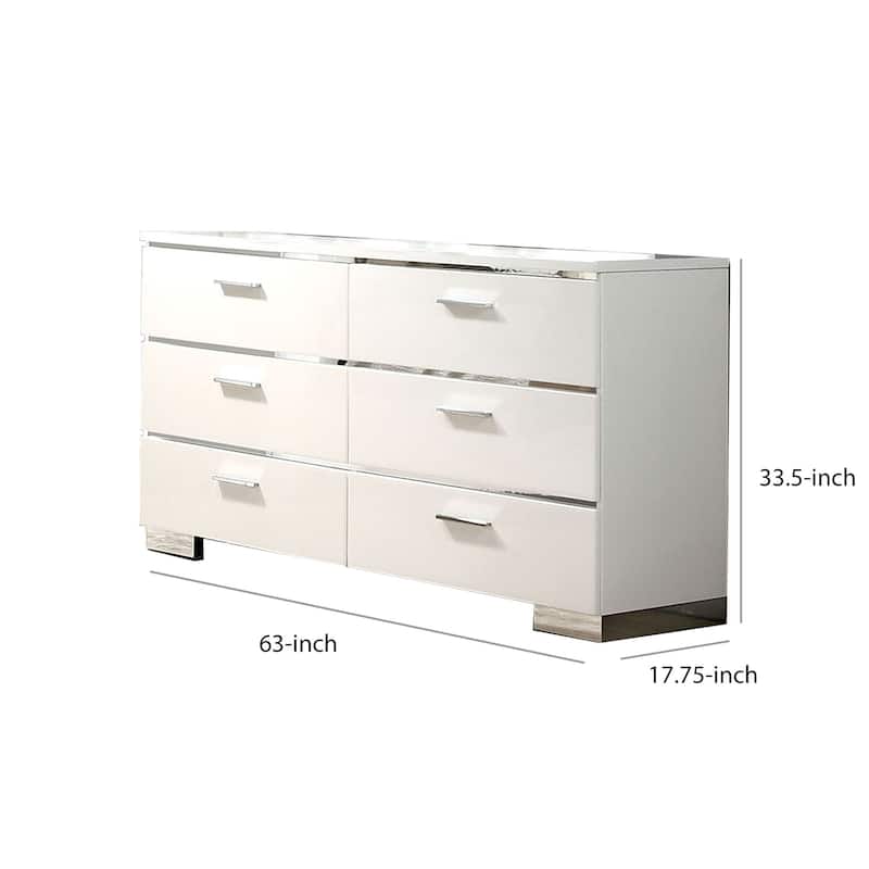 Wood and Metal Dresser with 6 Drawers and Block Leg, White and Silver