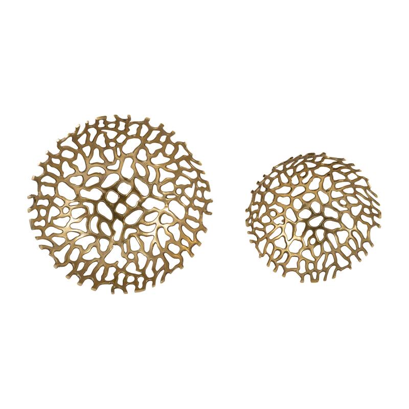 Set of 2 Metal Trays Contemporary Abstract Glam Cut-Out Trays in Metallic Gold 14" and 16" Aluminum Decorative Bowl