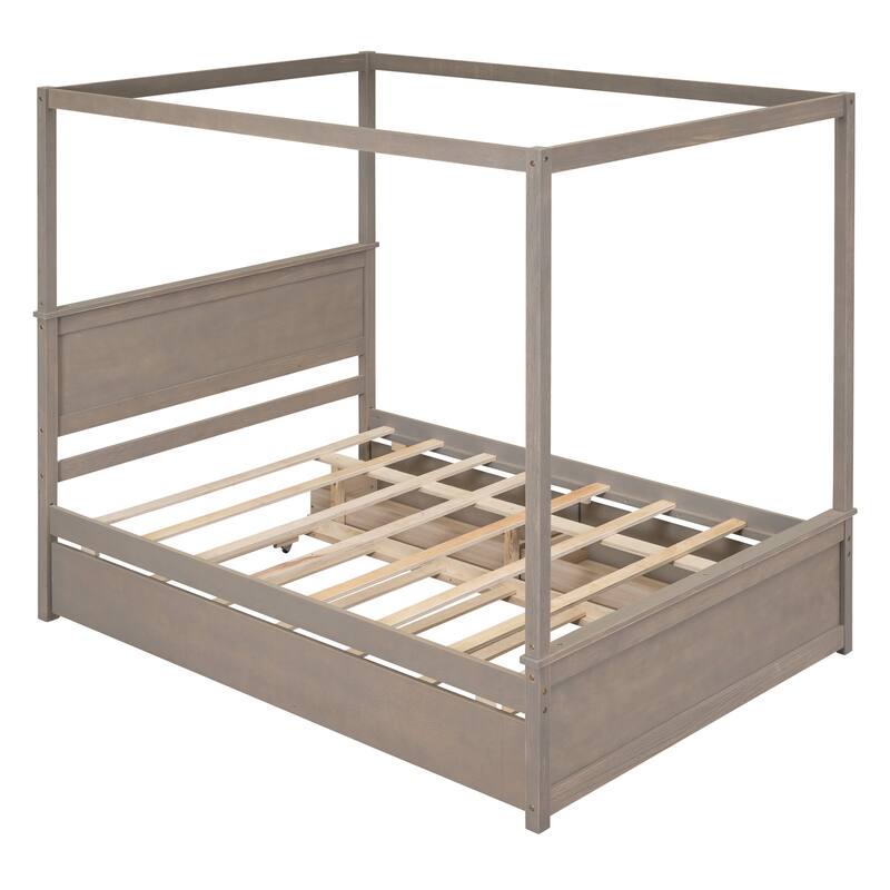 Pine Wood Canopy Platform Bed with Trundle & Drawers