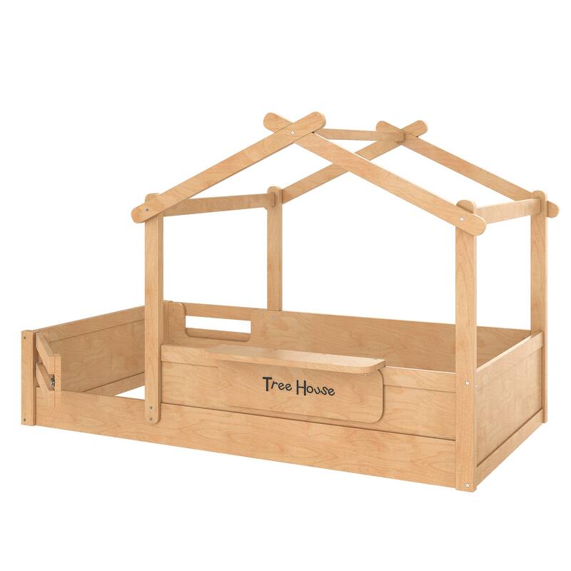 Twin Size Floor Bed with Guardrails and Roof, Kids House Floor Bed with a Small Built-in Tray and Free-installed Signboard