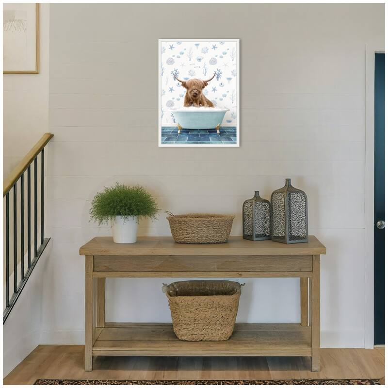 Kate and Laurel Sylvie Highland Cow in Under the Sea Bathtub Framed Canvas by Amy Peterson