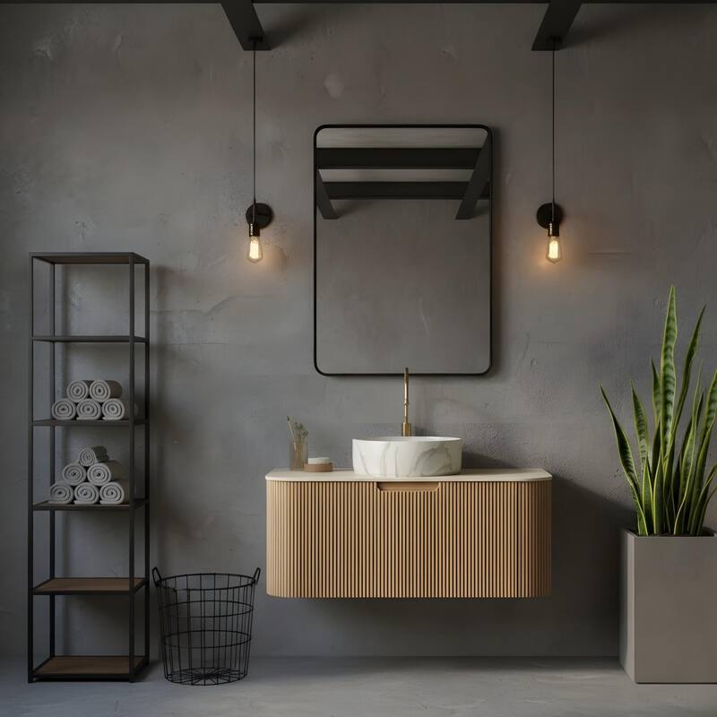 Floating Bathroom with Round Ceramic Basin and Storage Drawer
