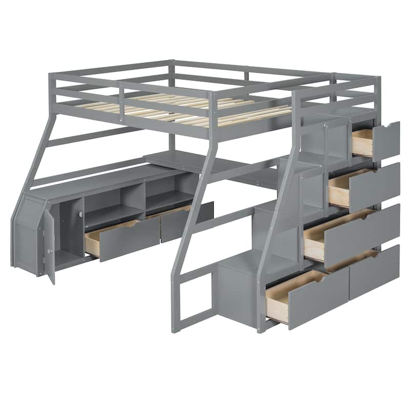 Gray Full Size Wood Loft Bed with Drawers, Shelves, Ladder, and Desk