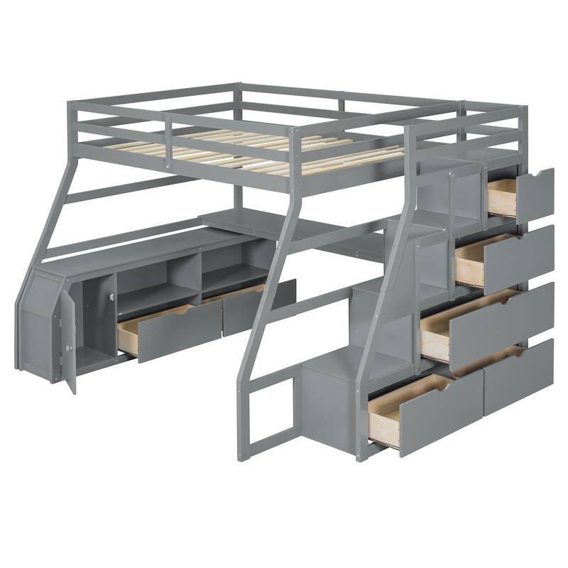 Space-Saving Full Loft Bed with Built-in Desk, 7 Drawers, 2 Shelves & Playhouse-Inspired Fence Design