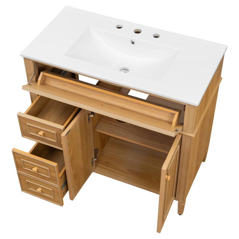 Roomfitters 36" Bathroom Vanity with Sink, Solid Wood Frame, Tilt-Out Drawer, 3 Drawers & 2 Soft-Close Doors, Wood