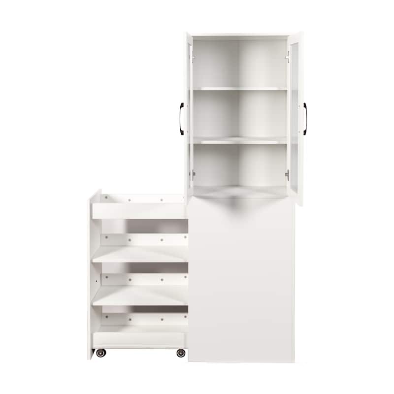 Glass Display Cabinet 3-Tier Bookcase for Collectibles, Wood Storage Cabinet with Door & 4-Tier Pull-Out Shelves for Living Room