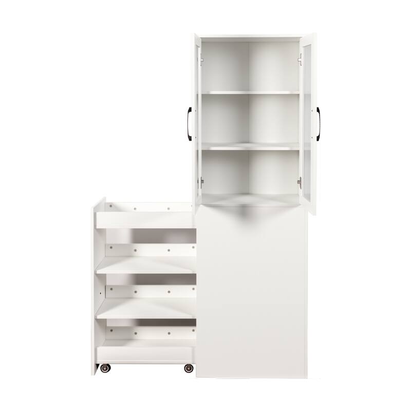 Roomfitters 70.87" Display Storage Cabinet with 2 Glass Doors and 4-Tier Pull-Out Shelves, Modern Wooden Kitchen Pantry Cabinet