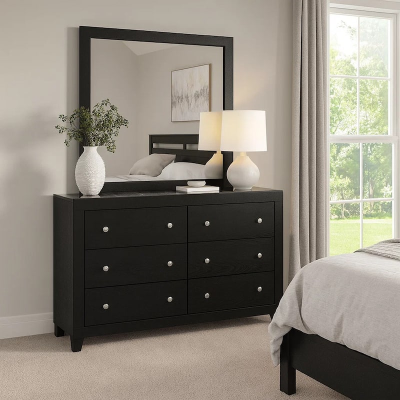 Yoh 57 Inch Wide Dresser with Mirror, 6 Drawers, Round Handles, Black Wood