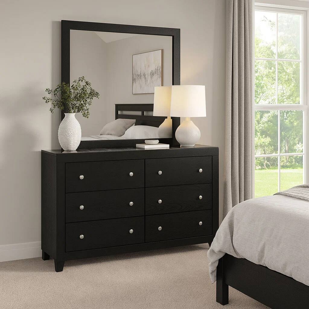 Yoh 57 Inch Wide Dresser with Mirror, 6 Drawers, Round Handles, Black Wood