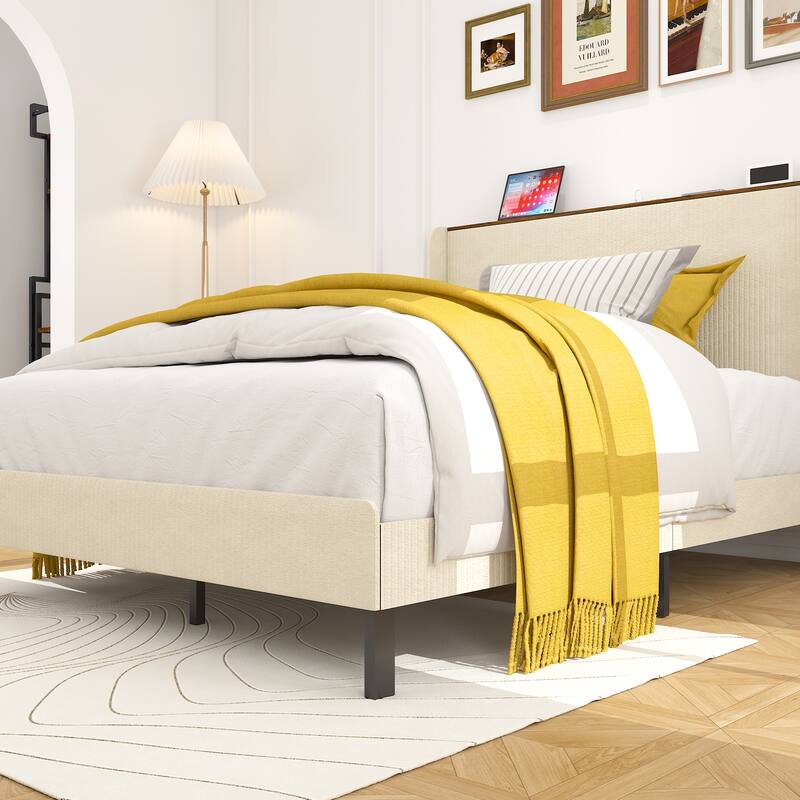 Full Size Metal Platform Bed with Charging Station, No Box Spring Needed, Easy Assembly, Noise Free