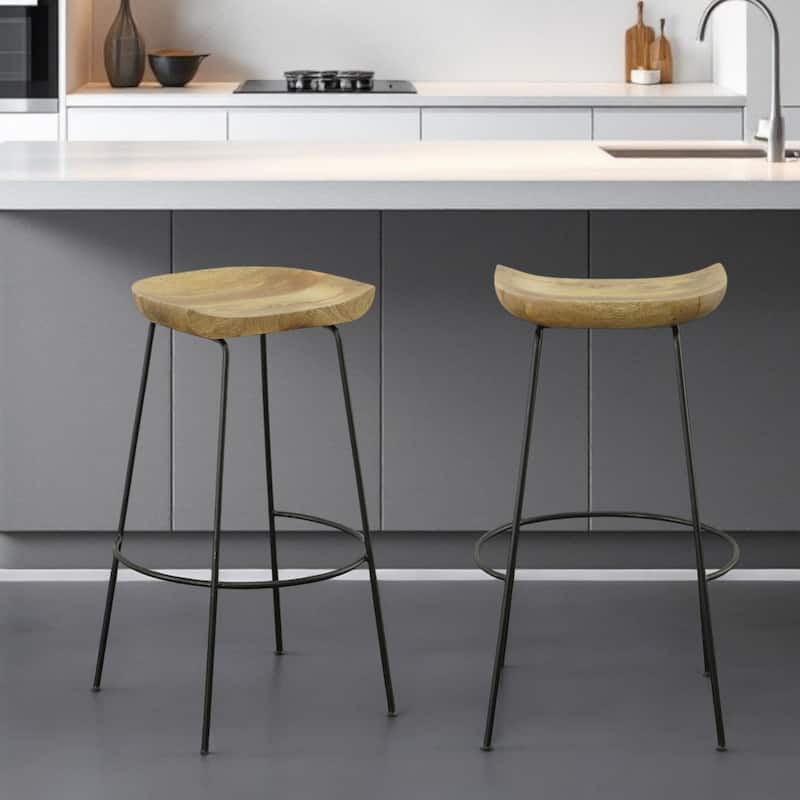 Set of Two 25" Chestnut and Black Solid Wood and Steel Backless Counter Height Bar Chairs