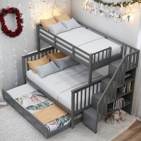 slide 2 of 15, Space-Efficient Multifunctional Twin-over-Full Bunk Bed with Twin size Trundle,Storage Grey
