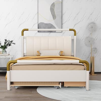 Mid-century vintage style bed frame with trundle and drawers, upholstered headboard for bedroom guest room, queen size