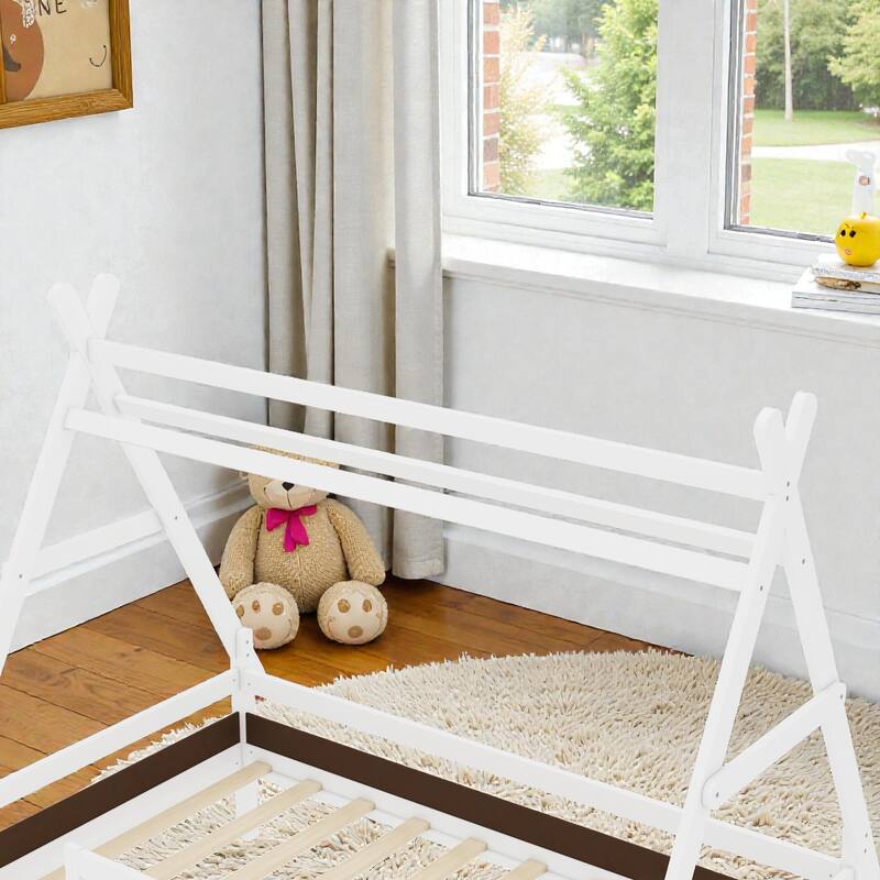 Twin/Full House Platform Bed with Stairs, Solid Wood Low Profile Kids Bed Frame, Fun Playhouse Design for Children