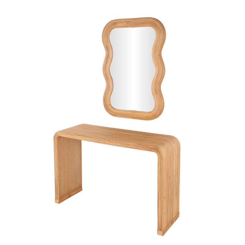 Brown Wood Handmade Ribbed Living Room Console Table with Mirror (Set of 2)