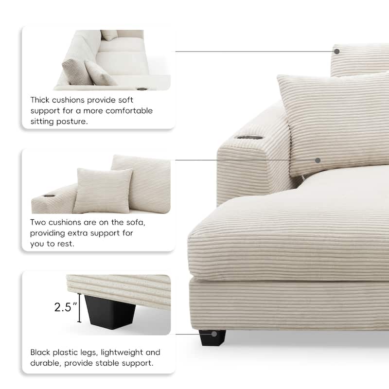 Oversized Corduroy Sectional Sofa,L-Shaped Cloud Couch with USB Charging Port,Cup Holder