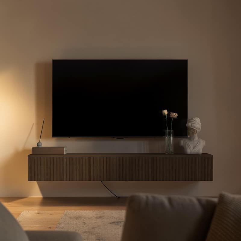 65" Floating TV Stand Wall Mounted with 16 Color LED Lights, Modern TV Cabinet for 55-65 Inch TVs