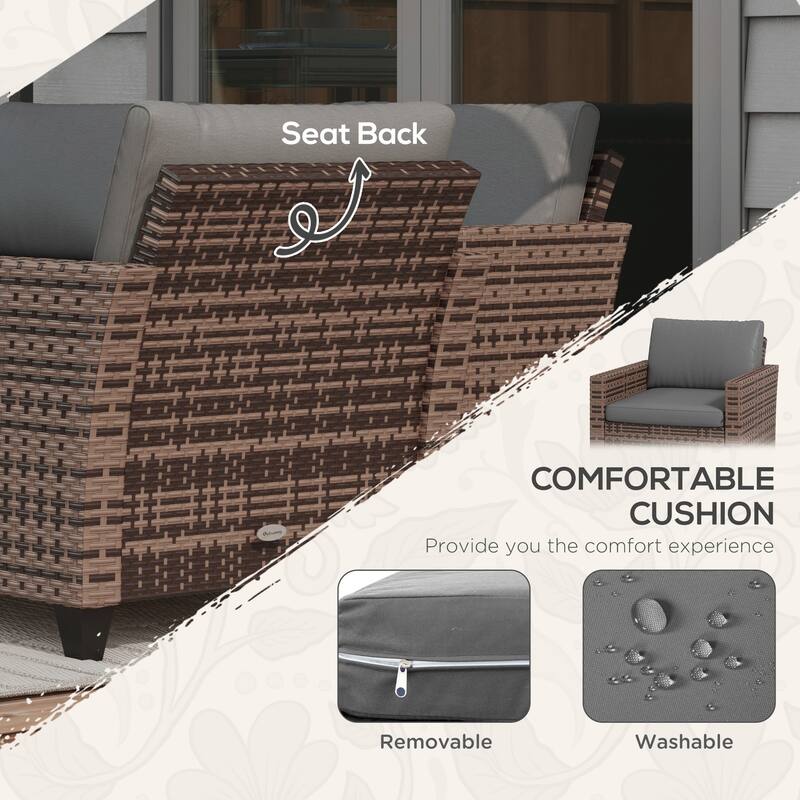 Outsunny 5 Piece Patio Furniture Set with Cushions, Outdoor Conversation Set with Rattan Three-Seater Sofa, Chairs & Footstools