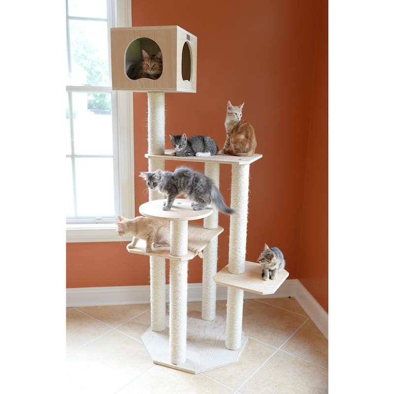 Real Wood Premium Scots Pine 69-Inch Cat Tree with Five Levels, Perch, Condo - Natural Beige