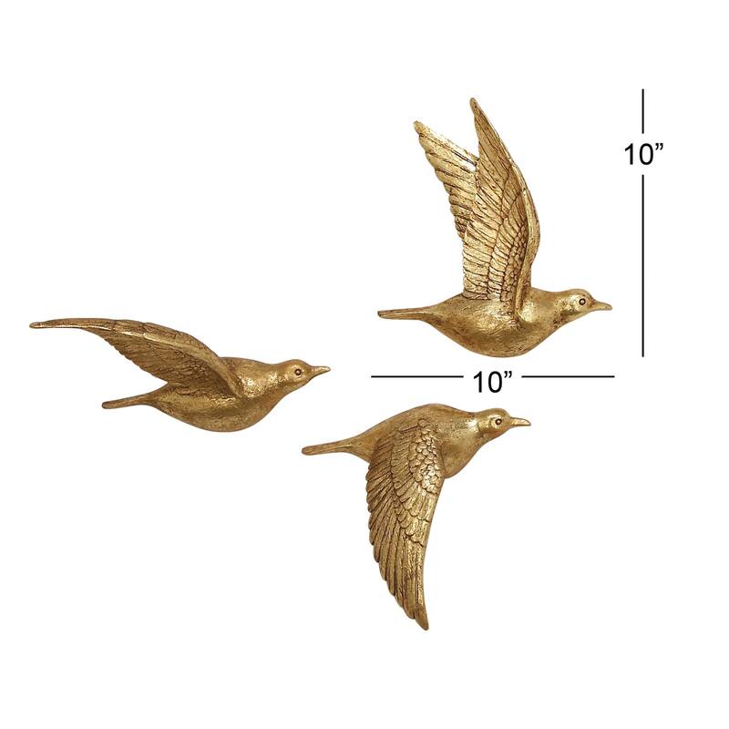 Polystone Bird Distressed 3D Floating Home Wall Decor - Set of 3 Dark Brown, Silver, Gold - Roche River Decor