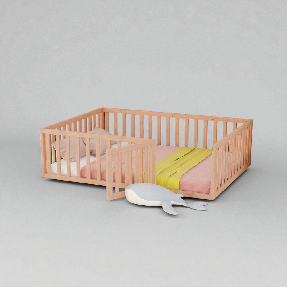 Full Size Wooden Floor Bed Frame with Fence and Door, Montessori Daybed for Kids, No Slats Needed