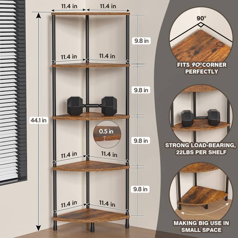 5 Tier Corner Shelf Stand - 11.4"D x 11.4"W x 44.1"H