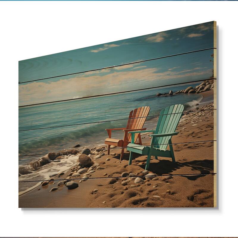 Designart "Teal And Orange Beach Chairs" Nautical & Beach Print on Natural Pine Wood