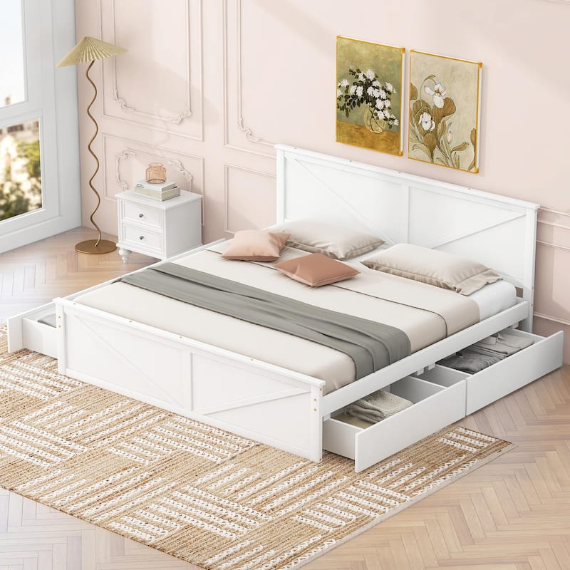 Wooden Platform Bed with Four Storage Drawers and Support Legs