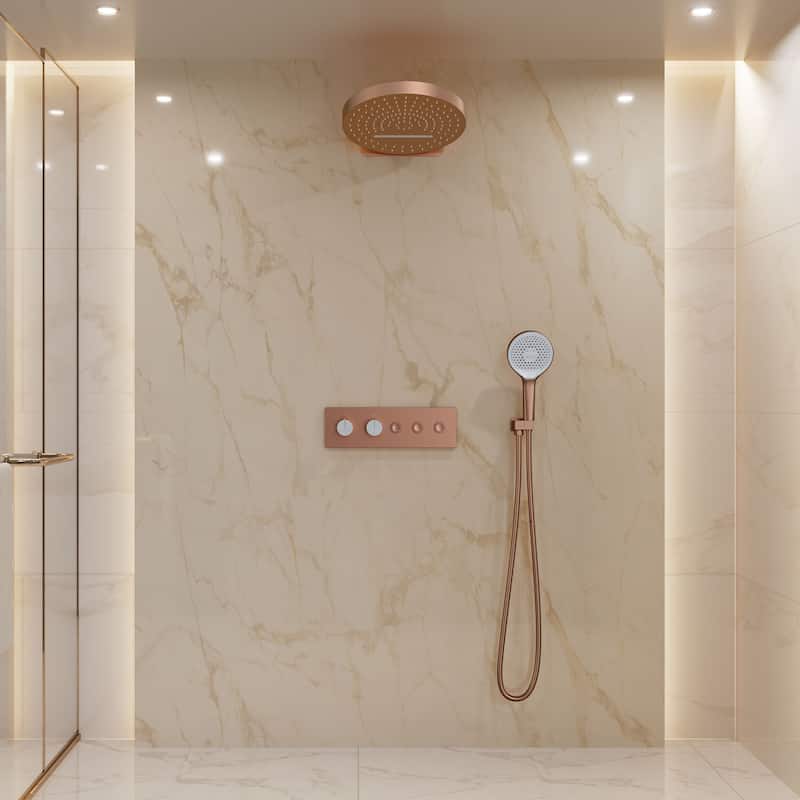 Luxury Thermostatic Shower System 5-Spray Patterns 16" Round Wall Mount Fixed and Handheld Shower Head - 15.7" x 15.7"