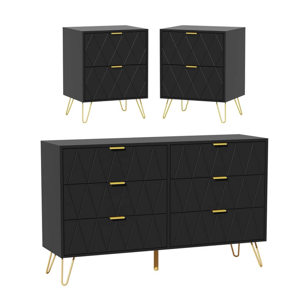 6-Drawer Dresser & 2 Nightstands Set Modern Bedroom Storage Bundle