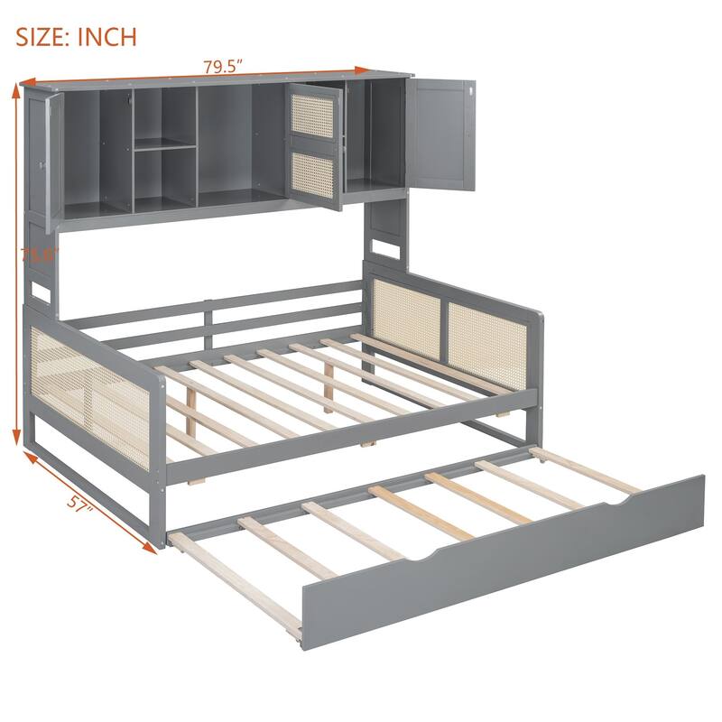 Wooden Twin/Full Daybed with Trundle Bed, Storage Shelves and Cabinet, No Box Spring Required, Rattan Design