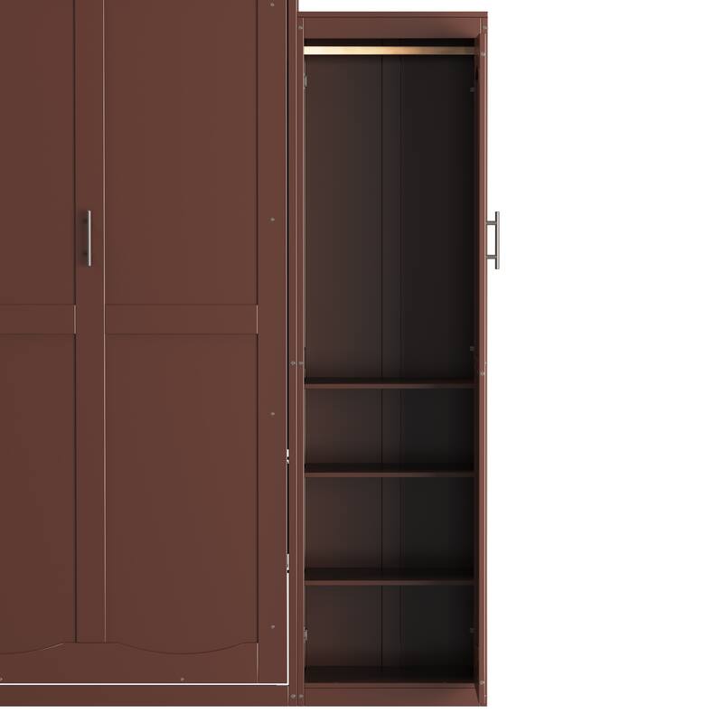 Queen Size Foldable Wall Bed with Wardrobes and Storage Shelf, Multifunctional Space-Saving Platform Bedframe in Walnut Finish
