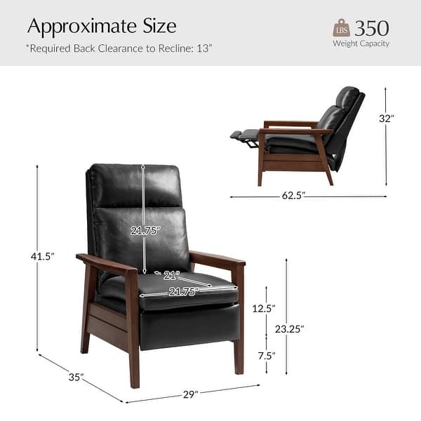 dimension image slide 0 of 2, Gladys Mid-Century Modern Genuine Leather Solid Wood Recliner By HULALA HOME