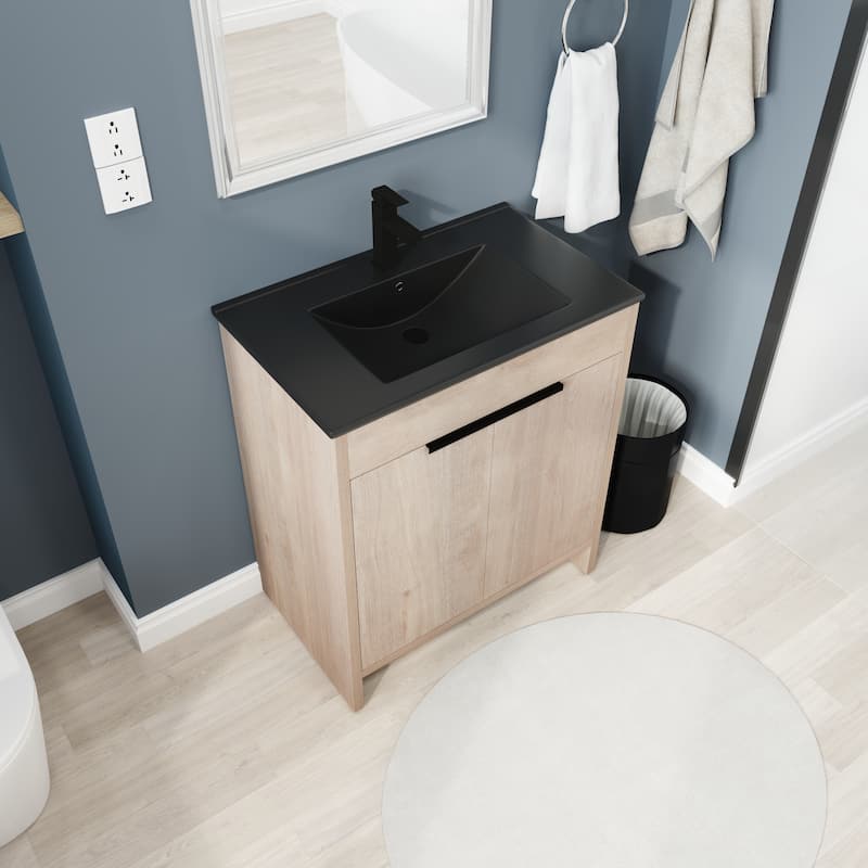 30 Inch Freestanding Bathroom Vanity with Black Ceramic Sink & 2 Soft-Close Cabinet Doors