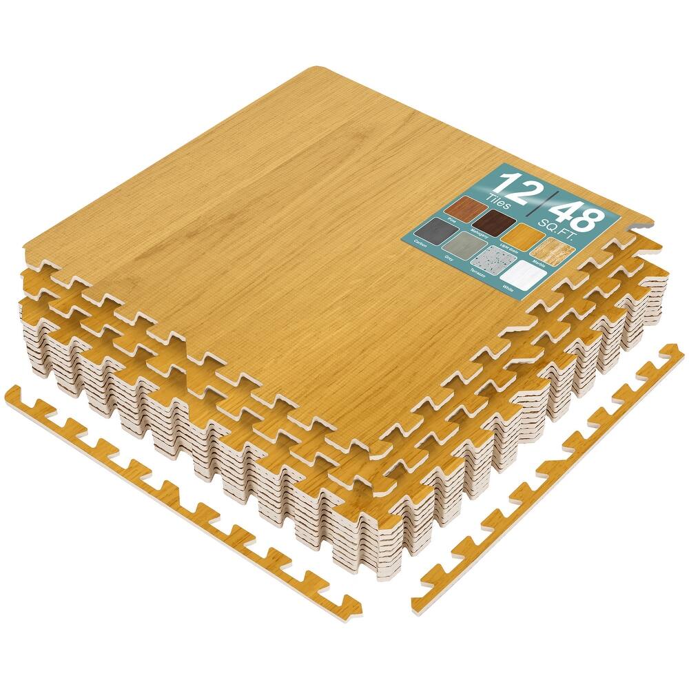 Interlocking Floor Mat - Gray Wood Print, 12 Pieces and Borders