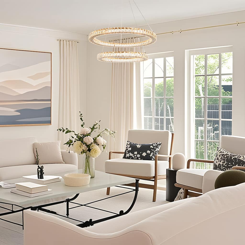 Modern LED Crystal Ring Chandelier 2-Tier Gold Lights for Dining Room