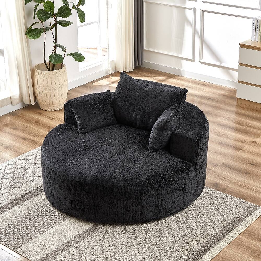 Black Modern 55" Round Chenille Sponge Single Sleeper Sofa with Backrest Pillow for Living Room